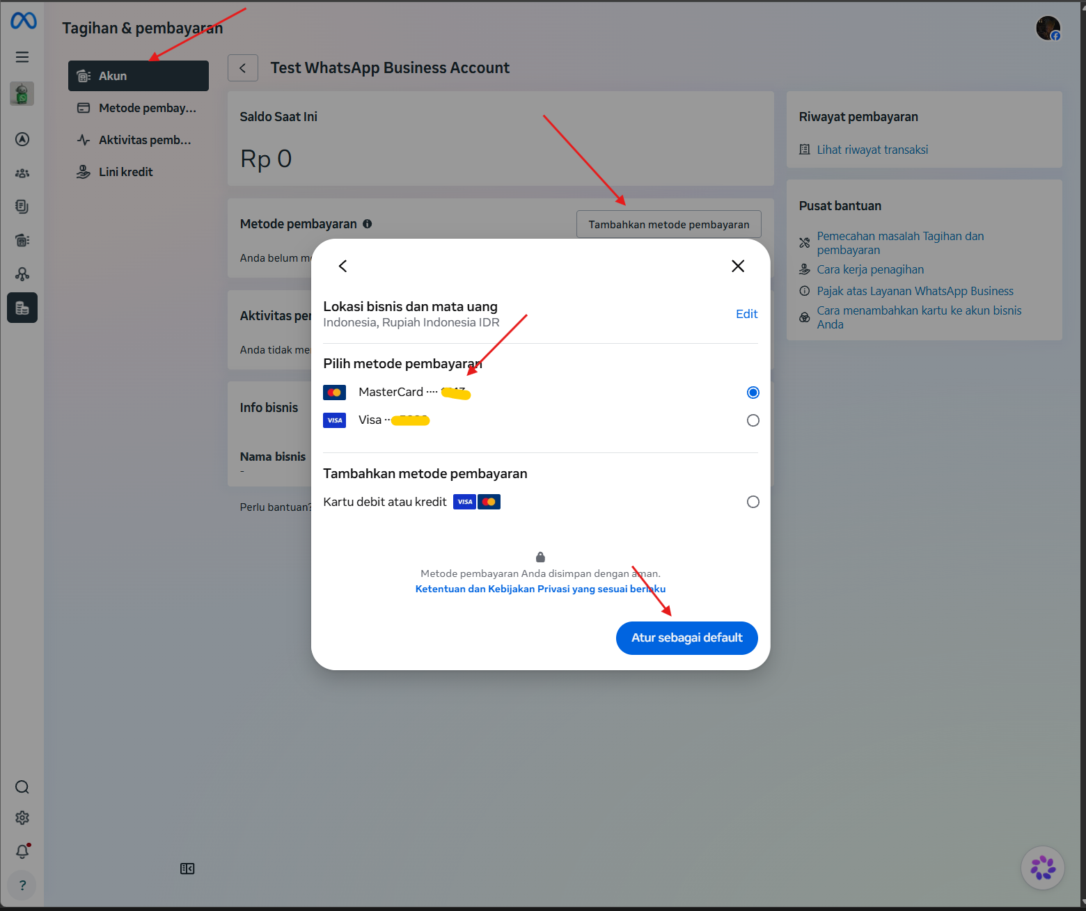 Dialog untuk memilih kartu sebagai metode pembayaran WhatsApp Business