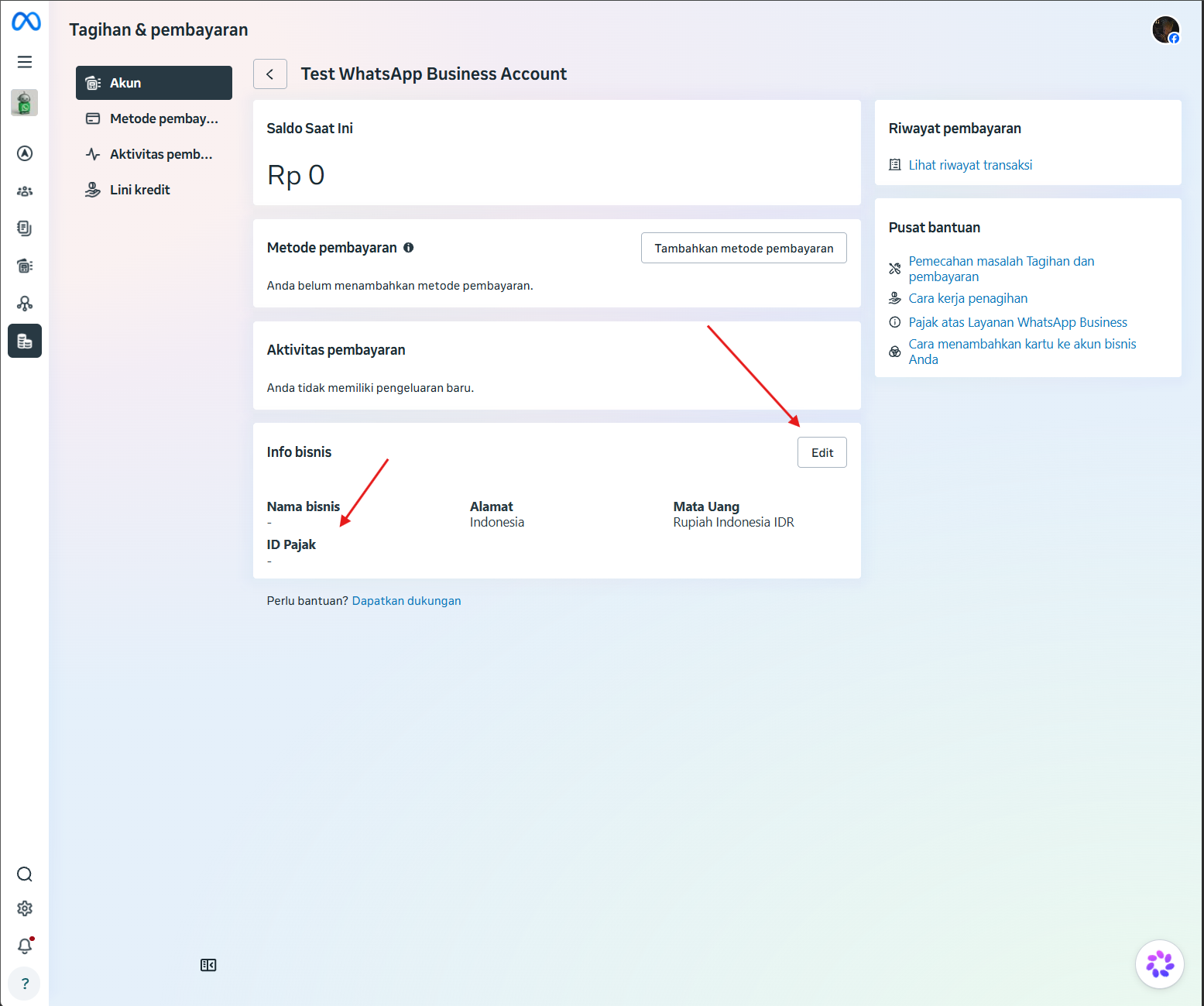 Halaman Info bisnis WhatsApp Business Account dengan data nama bisnis, alamat, mata uang, dan ID pajak