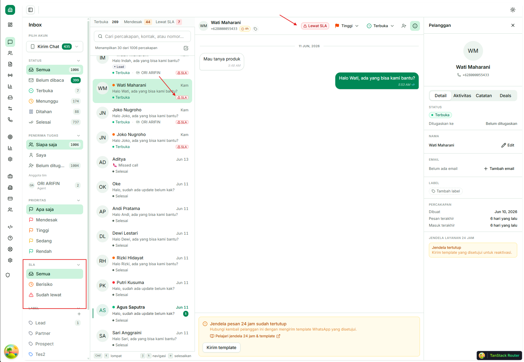 Inbox dengan chip SLA, badge Lewat SLA, dan filter Berisiko / Sudah lewat