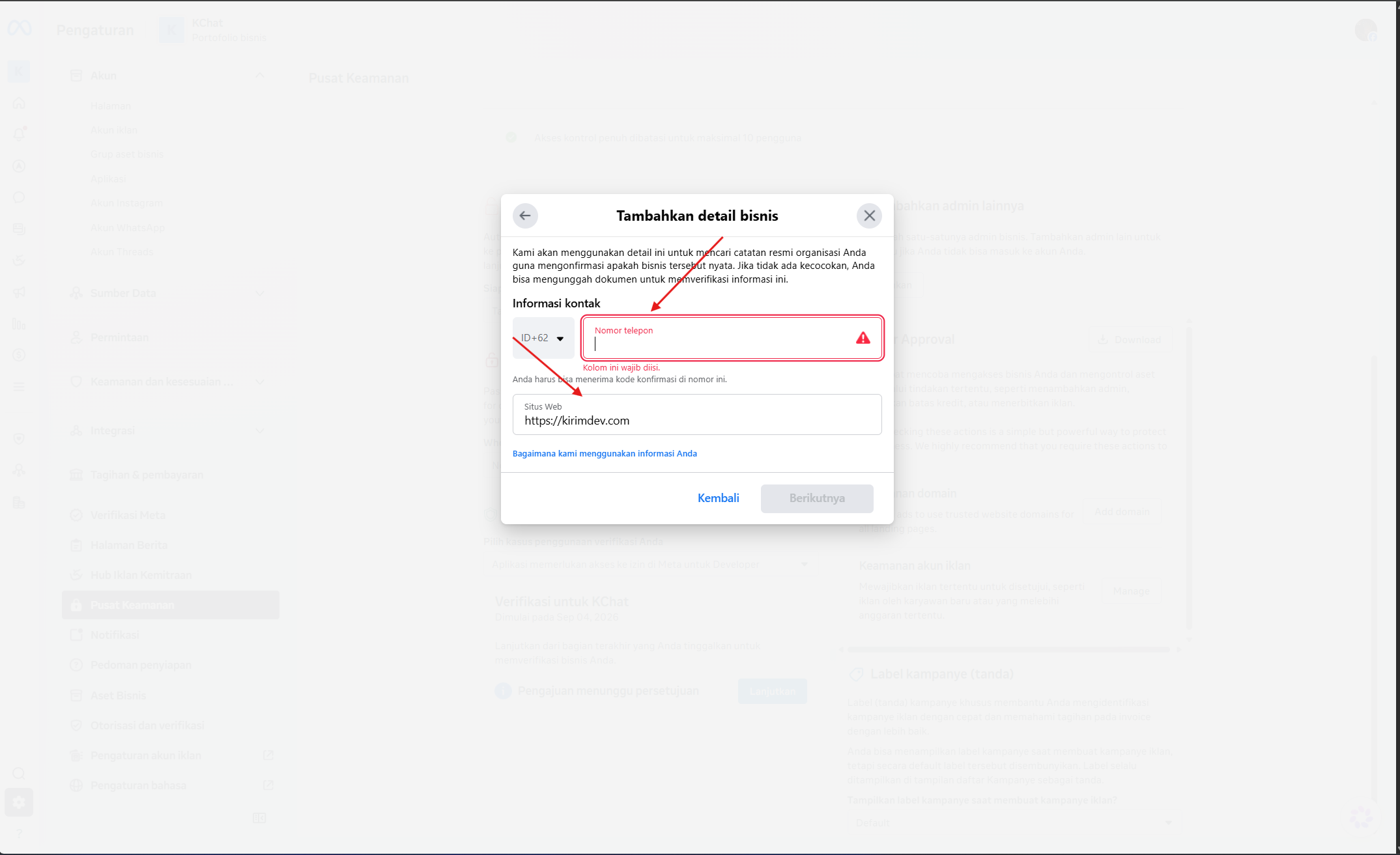 Form informasi kontak Meta dengan nomor telepon bisnis dan URL website HTTPS